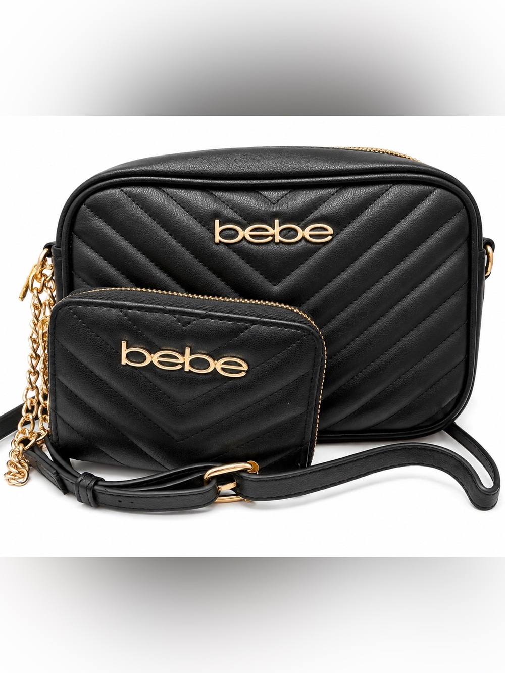 bebe Black Quilted Crossbody with Gold Logo and Pouch
